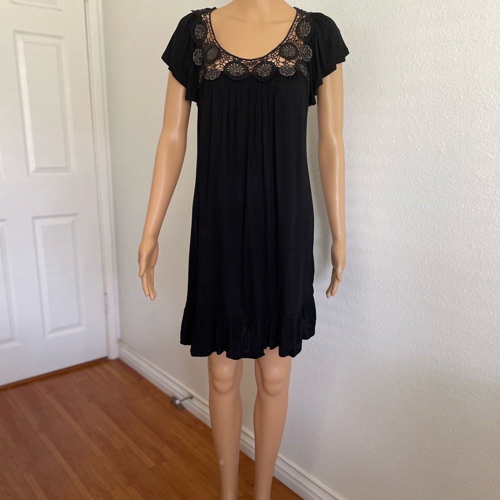 Piace Black and Gold Floral Lace Peplum Black Dress